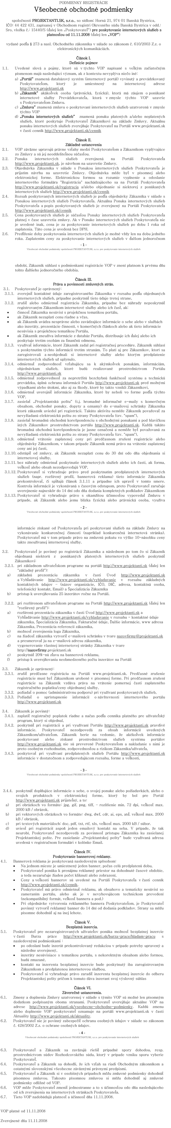Všeobecné obchodné podmienky - zoznam projektantov